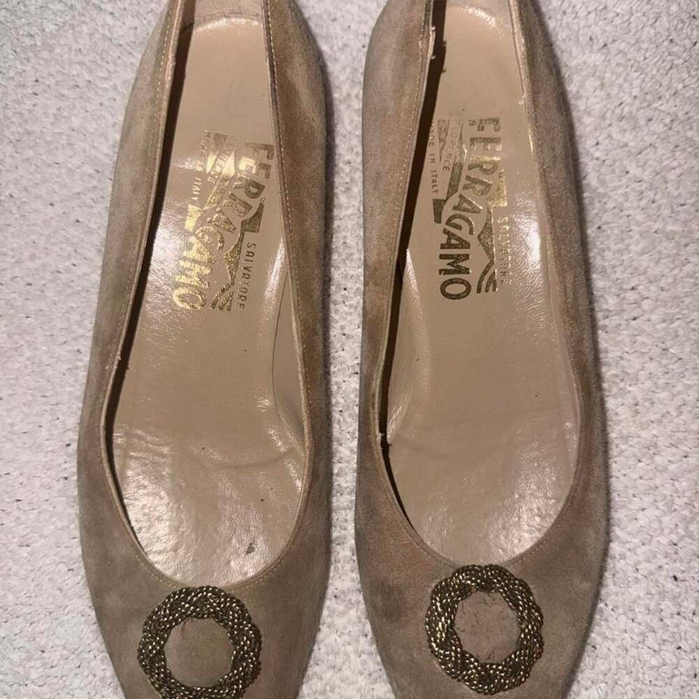 Salvatore Ferragamo Suede Wedge Pumps Size 7 D Tan Gold Hardware